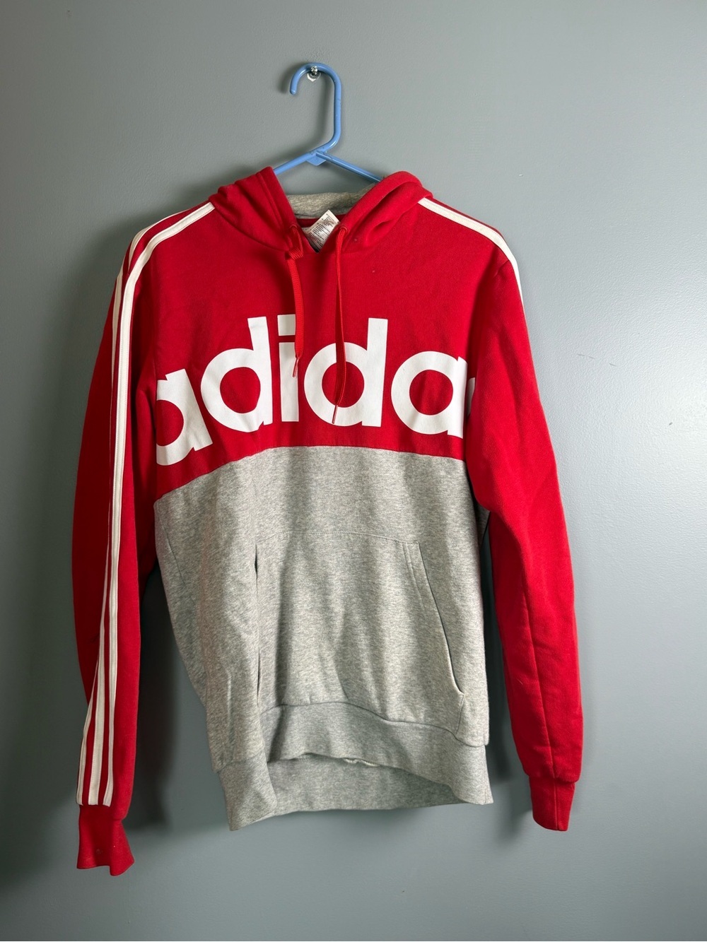 Adidas Mens Red & Gray Colorblock Pullover Hoodie w/ Large Letters Size S